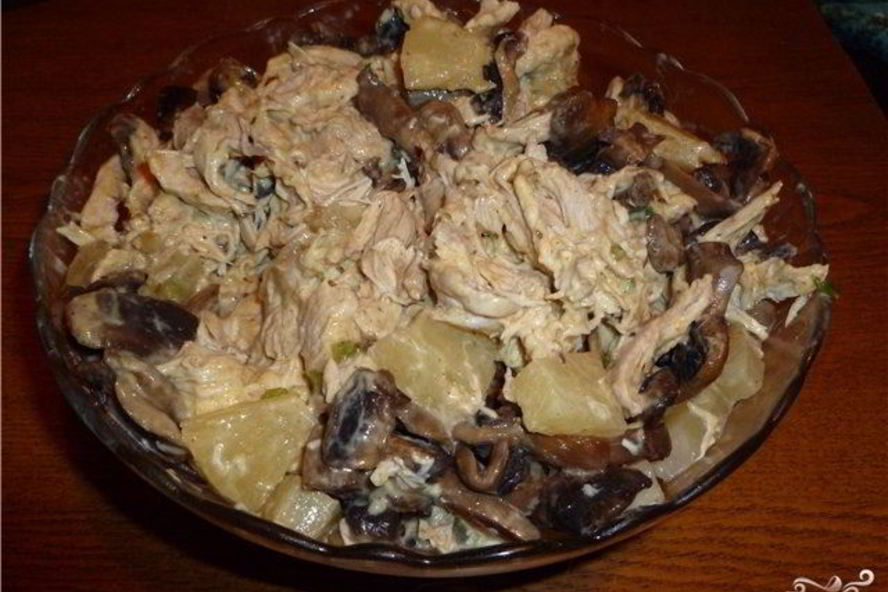 Рецепт курица с грибами и ананасами
