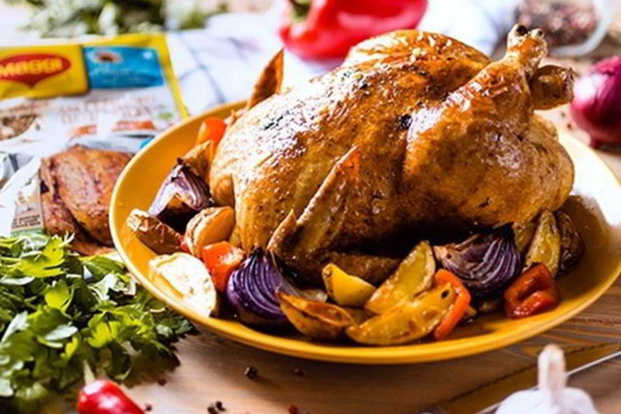 Рецепт сочный цыпленок табака с ароматными травами и специями восточной кухни и гарниром из овощей