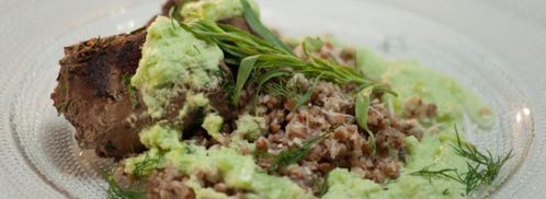 говяжья печенка с гречотто и соусом из огурца. Шаг 6