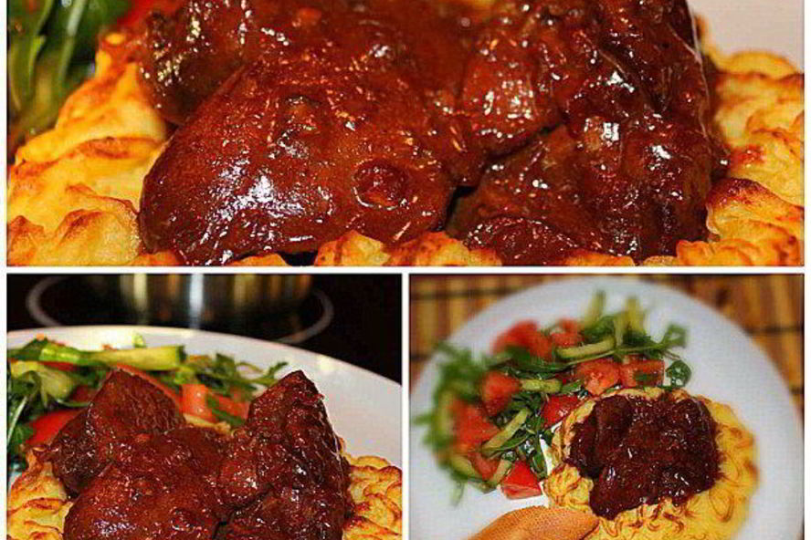 Рецепт печень индейки в сливочно-медовом соусе в корзинке из пюре