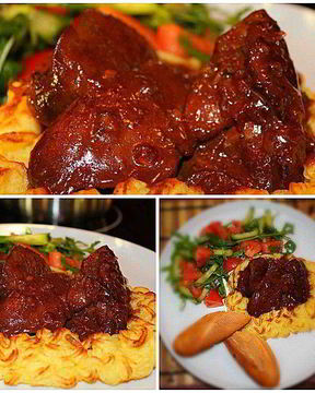 Печень индейки в сливочно-медовом соусе в корзинке из пюре