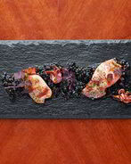 Кальмары с чечевичным ризотто и пудрой из лука-порея