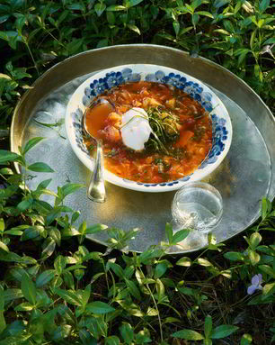 Щи из молодой капусты с побегами чеснока