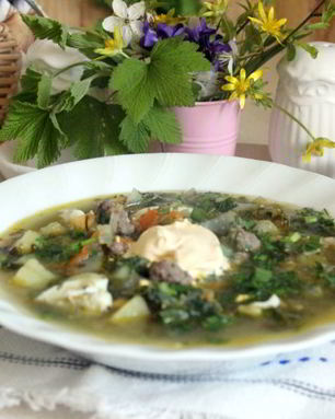 Зеленые весенние щи с фрикадельками