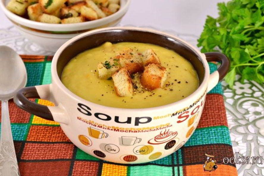 Рецепт гороховый суп-пюре в мультиварке с плавленным сырком и чесночными сухариками