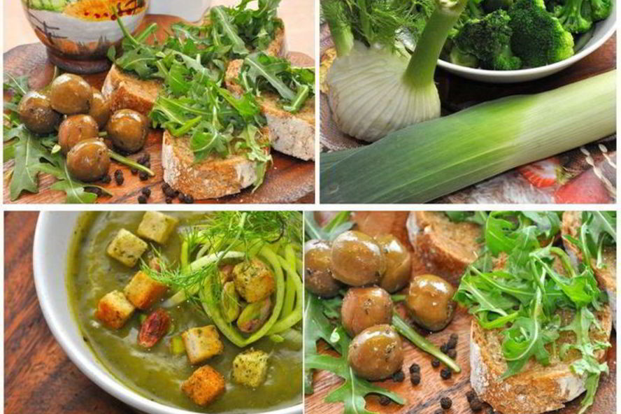 Рецепт кростини с оливками и зеленый суп-пюре