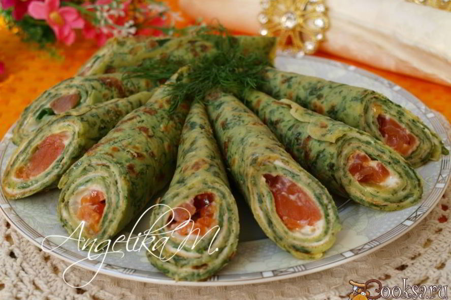 Рецепт шпинатные блинчики с красной рыбой и икрой