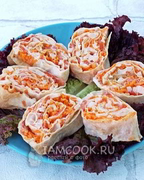 Лаваш с корейской морковкой и ветчиной