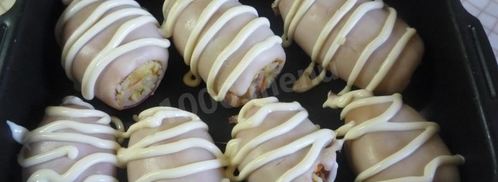 рулет кальмары фаршированные грибами и рисом. Шаг 7